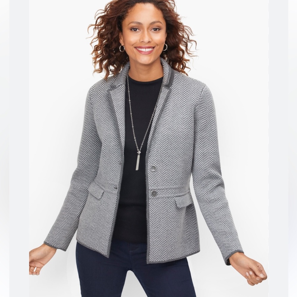 Talbots Gray Herringbone Knit 100% Merino Wool Blazer Sweater Jacket